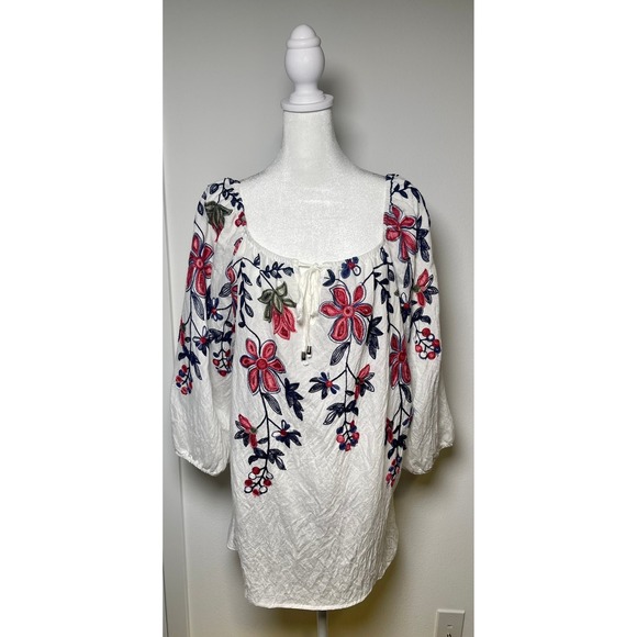 NWT Kindred 2X White Mauve Blue embroidered Floral Blouse Peasant Boho Top Tunic - Picture 4 of 11